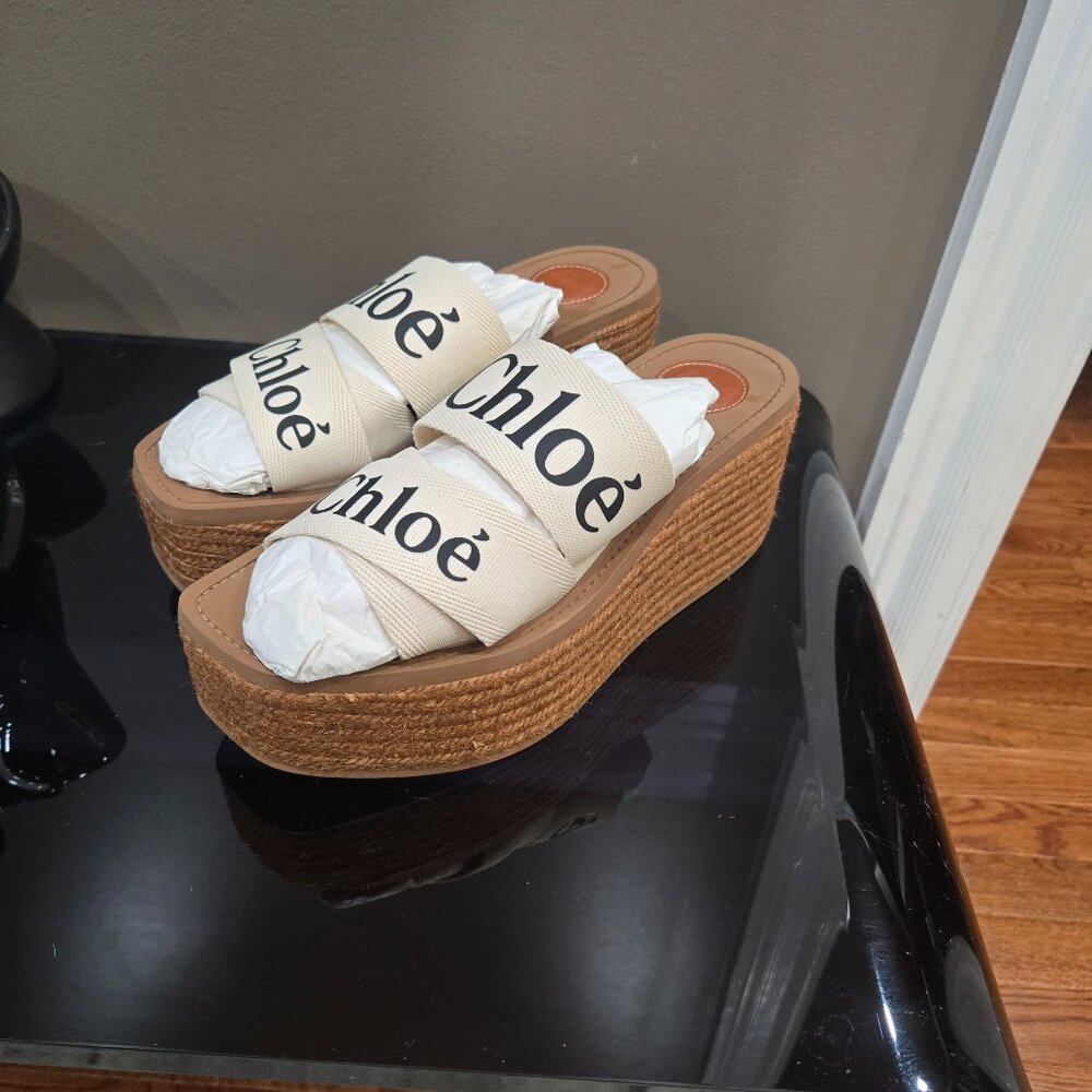 NEW CHLOE WOODY WEDGES ESPADRILLE MULES SHOES 40 SPAIN, US 9 9.5